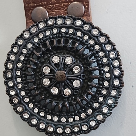 Brown Tooled Leather Belt with Coppery Metal Buckle With Rhinstones - Picture 2 of 13